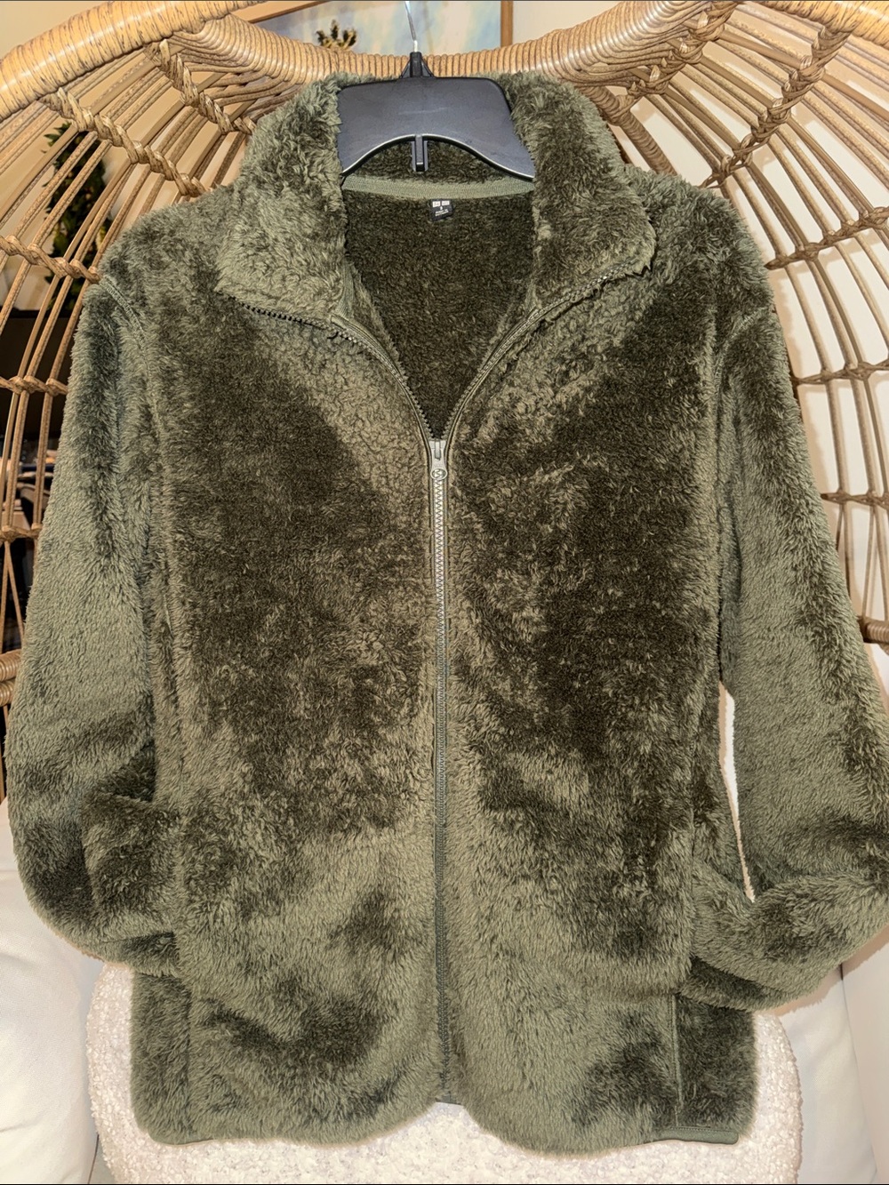 Uniqlo Olive Green Plush Zip-Up Teddy Jacket